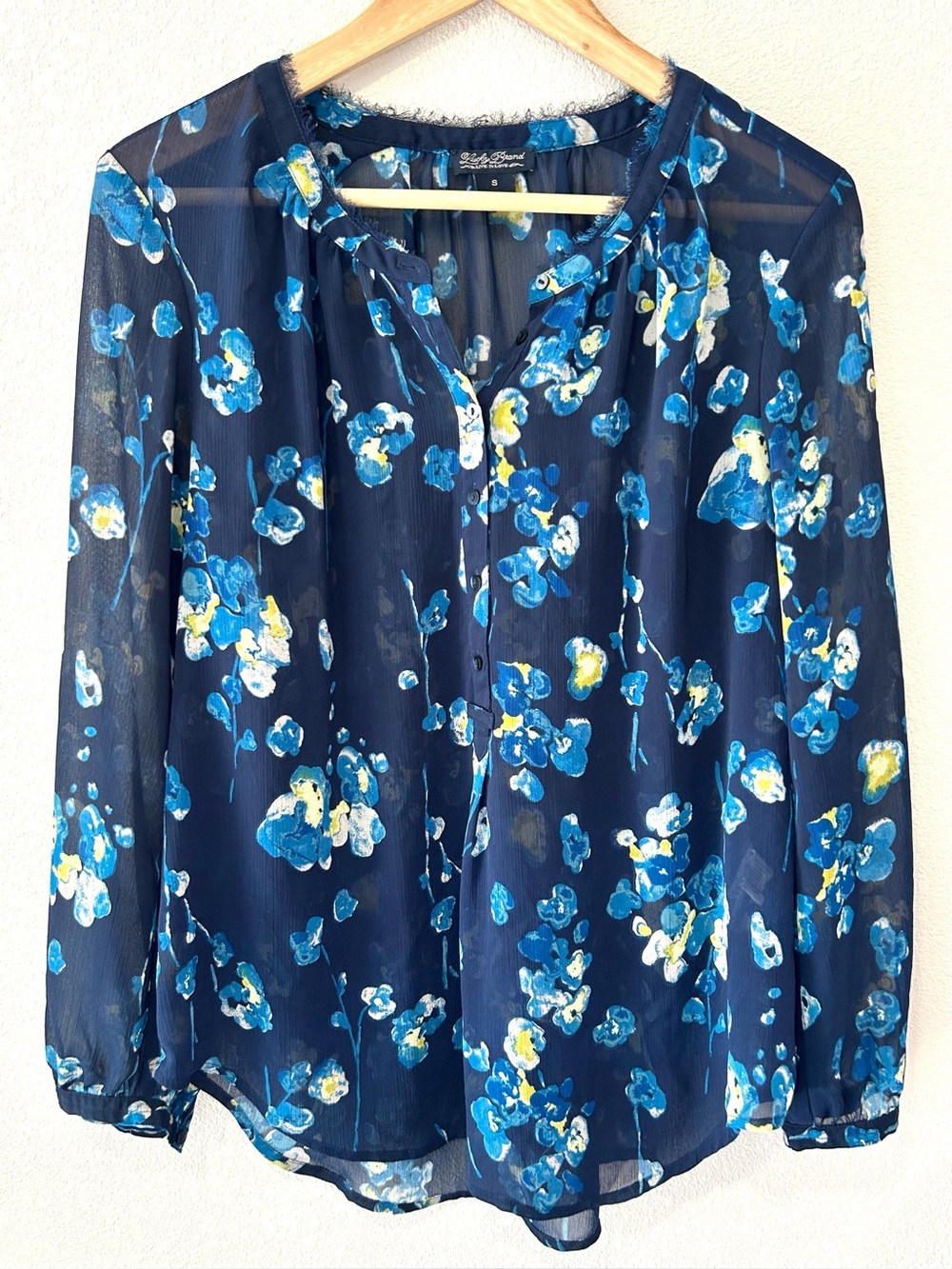 Lucky Brand Blue Floral Sheer Popover Boho Henley Top Casual Feminine Size S